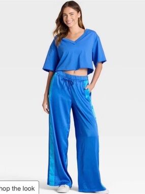 JoyLab Blue Satin Track Pants with Lighter Blue Side Stripe